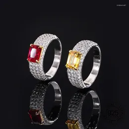 Anneaux de cluster 925 Bijoux en argent sterling 6x8 mm forme de rectangle rouge Ruby jaune cube zircon féminin anneau de doigt