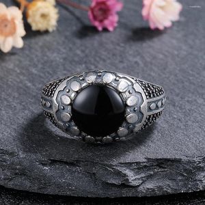 Cluster anneaux 925 Ring de bijoux en argent sterling naturel 10 mm rond Big Black Agate Stone vintage pour les cadeaux de fête des femmes