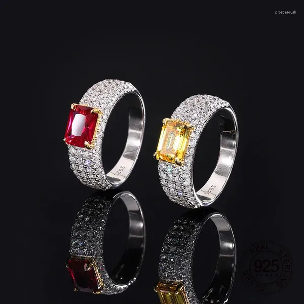 Anillos de racimo 925 Joyería de plata esterlina 6x8mm forma rectangular rubí rojo amarillo circón cúbico mujer anillo de dedo