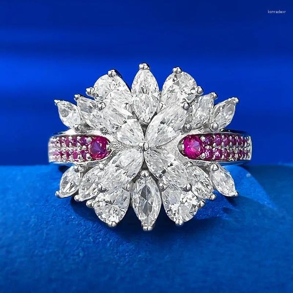 Bagues de cluster 925 Sterling Silver Luxe Haute Carbone Diamant Pave Multicolore CZ Fleur Bague Pour Femmes Fille Paty Mariage Fine