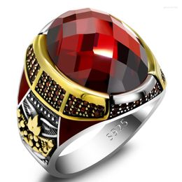 Cluster ringen 925 Sterling Silver herenring ingelegd met rode stenen Turkse klassieke retro -stijl sieraden jongeren