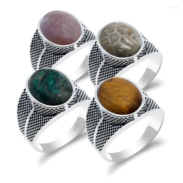 Anillos de racimo, anillo de plata de ley 925 para hombre con Coral Natural/ágata de la India/piedra de ojo de tigre Punk tailandés para hombre, joyería fina turca