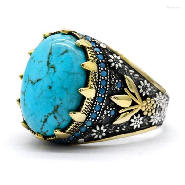 Bagues de cluster 925 Sterling Silver Hommes Naturel Turquoise Imprimer Exquis Rétro De Bon augure Fait À La Main Turc Bague Cadeau De Fête