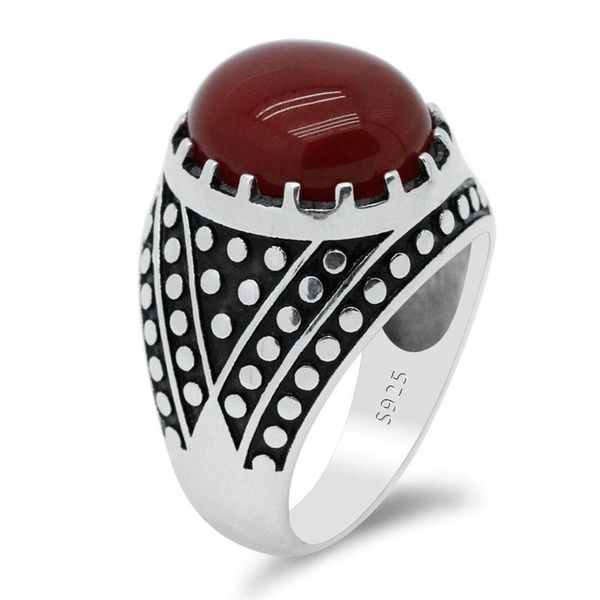 Bagues pour hommes en argent sterling 925 avec pierre d'agate rouge naturelle mâle rétro ovale onyx turc fait à la main bijoux anciens