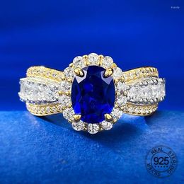 Clusterringen 925 Sterling Silver Mirco CZ Fijne sieraden 6x8 mm Ovale vorm Blue Saffier Kubieke Zirkoon Lady Ring