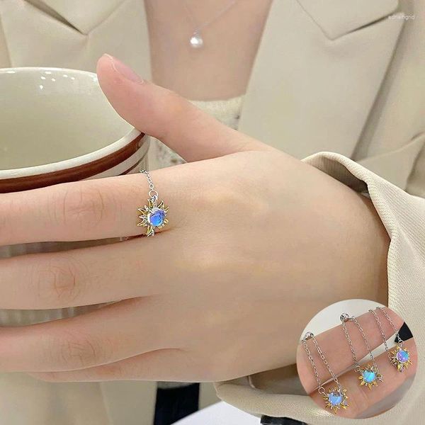 Bagues de cluster 925 Sterling Silver Moonstone Sun Ring pour femmes fille mode chaîne réglable conception bijoux cadeau d'anniversaire goutte