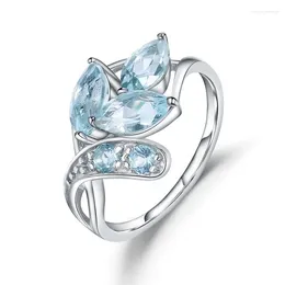 Cluster anneaux 925 Siltling Silver Natural Blue Topaz Gemstone Special Design Special Leave Ring Women Jewelry