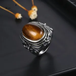 Bagues de cluster 925 Sterling Silver Naturel 11x17mm Ovale Tiger Eye Bague pour Femmes Hommes Cadeau Vintage Grand Gros Bijoux fins