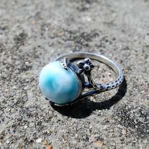 Cluster anneaux 925 Siltling Silver Natural Larimar Ring Vintage Bijoux Stone Women's Wedding Adjustable