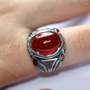 Clusterringen 925 Sterling Silver Natural Agate Ring for Men Women Hoge kwaliteit Turkse sieraden met ovaal rode steen vintage Valentijngeschenk