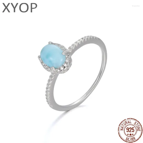 Cluster anneaux 925 Silver Silver Natural Stone Larimar Proposition de proposition Femmes Design Classic Simple Wedding Love Diamond Bijoux Datation