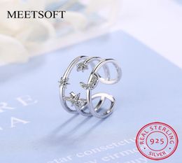 Anillos de racimo 925 Anillo de apertura de plata esterlina para mujeres Círculo ajustable simple Cristal de doble capa MoonStar Joyería Gift6785028