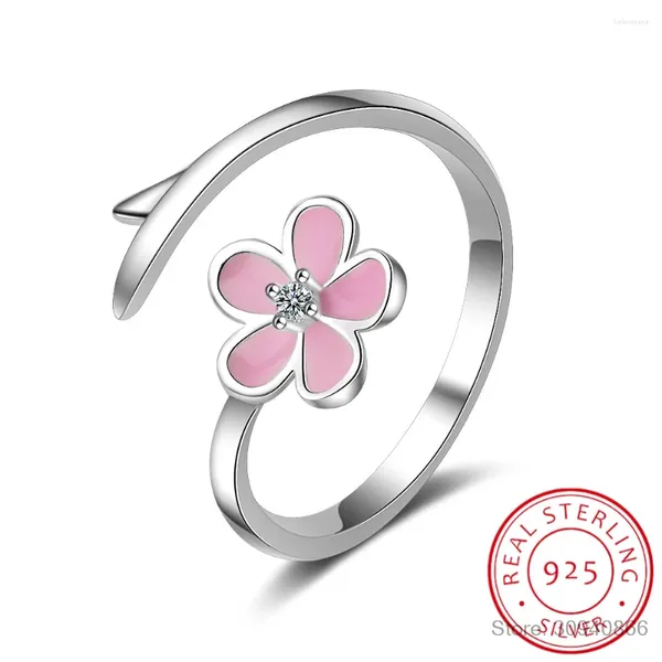 Bagues de cluster 925 Sterling Silver Rose Cherry Blossom Ouverture Bague Émail Fleur Réglable Pour Femmes Pave Réglage CZ Fine Bijoux BSR438