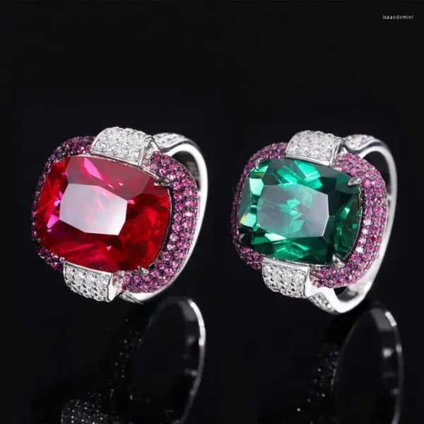 Bagues de cluster 925 Sterling Silver Plaqué Rectangulaire Femme 12 16mm Vert Émeraude Rouge Ruby Cut Mariage Anniversaire Bague Fine Bijoux