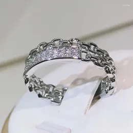 Anillos de racimo 925 plata esterlina platino rosa oro blanco circón cadena doble para mujeres fiesta pareja anillo joyería de cumpleaños regalo