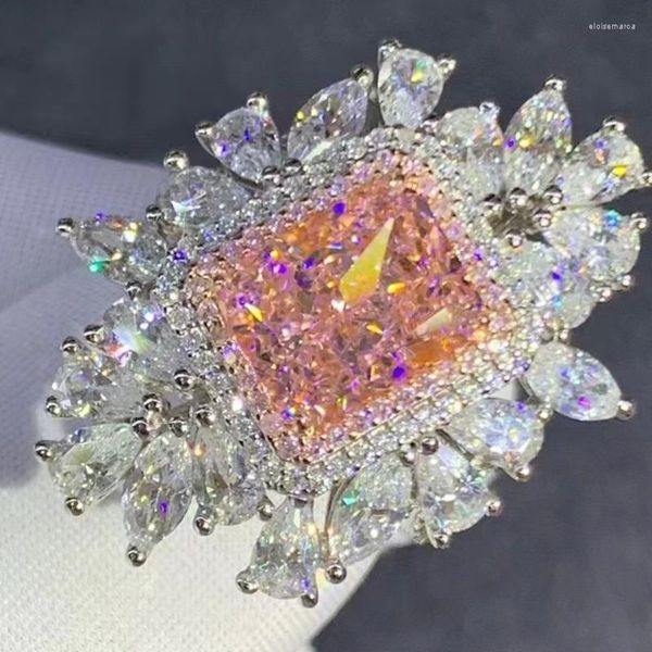 Bagues de cluster 925 Sterling Silver Radiant Cut Wedding Band Pink Sapphire High Carbon Diamond Gemstone Bague de fiançailles pour femmes