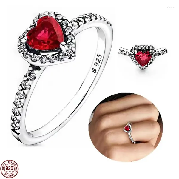 Anillos de racimo 925 plata esterlina corazón rojo anillo de gema cristal azul para el encanto original DIY moda de las mujeres regalo de joyería de diamantes