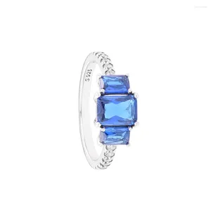 Clusterringen 925 Sterling Zilveren Ring Blauw Rechthoekig Drie Steen Sprankelend Voor Dames 2024 Trend Luxe Sieraden Bruiloft Verloving