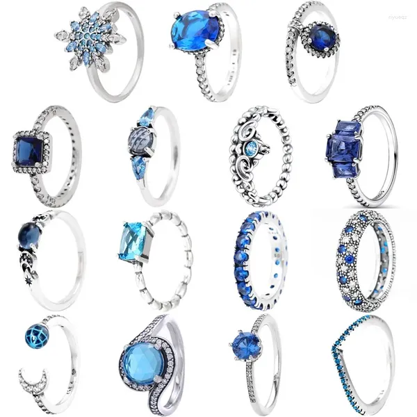 Anillos de racimo Anillo de plata esterlina 925 Tierra azul y luna Elegancia atemporal Corona Copo de nieve para mujeres Regalo de cumpleaños Joyería DIY