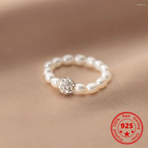 Anillos de racimo 925 anillo de plata esterlina moda simple taladro completo bola redonda perla estiramiento cuerda dedo aniversario joyería de lujo