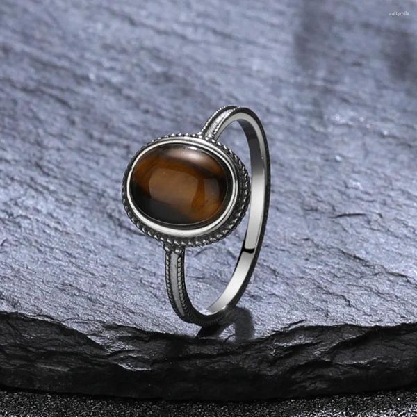 Anillos de racimo 925 Anillo de plata esterlina Alta calidad Oval Natural Tiger's Eye Stone Fine Party Jewely Rodochrosite Diseño simple regalo