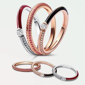 Clusterringen 925 sterling zilveren ring Me Series - Dubbele rij diamant ingelegde zwarte druppelgom Rose goud voor vrouwen Huwelijksverjaardag Cadeau
