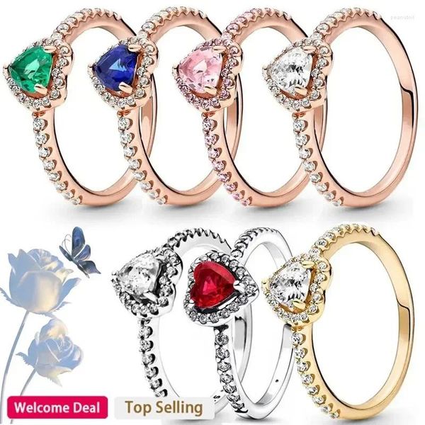 Anillos de racimo 925 anillo de plata esterlina corazón rojo cristal de color se adapta a la pulsera original DIY regalo de joyería de alta calidad para mujer