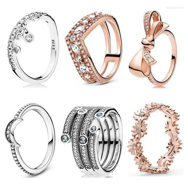 Anillos de racimo 925 Anillo de plata esterlina Rose brillante Bow Bow Crescent Moon Flower Crown con cristal para mujeres Joyas de regalo de moda