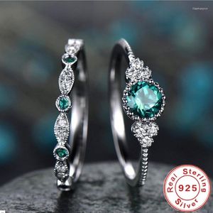 Cluster Ringen 925 Sterling Zilveren Ring Set Met Emerald Zirkoon Kristallen Voor Vrouwen Engagement Bruiloft Glamour Sieraden Geschenken