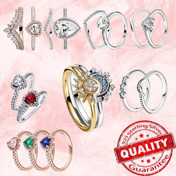 Anillos de racimo 925 Anillo de plata esterlina Conjunto Celestial Sol Luna Colorido Zircon Corona Corazón Wishbone Fina Boda Compromiso Joyería Regalos