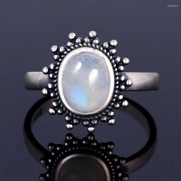 Cluster Anneaux 925 Silver Silver Ring Soleil Natural Moonstone Retro Retro Wedding Anniversary Jewelry Luxury Gift