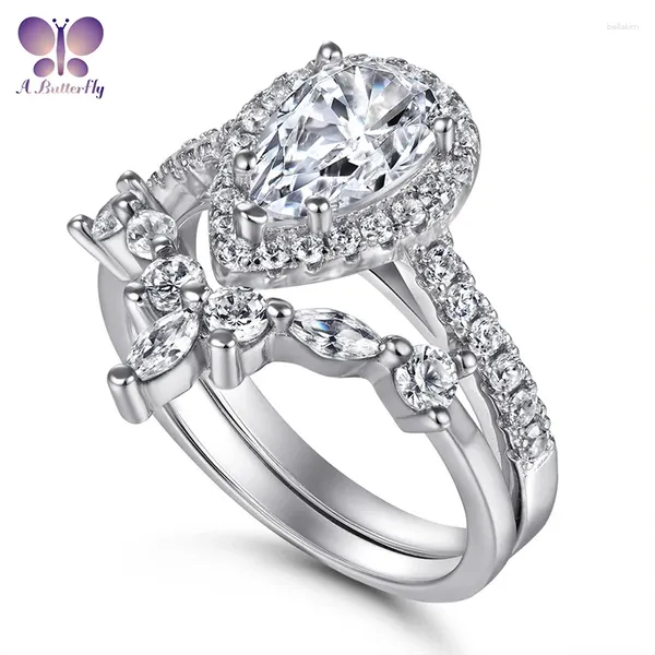 Bagues de cluster 925 Sterling Silver Simulation Diamant 6 9 mm Poire Cut Set Bague Bijoux de mariage Cadeau d'anniversaire