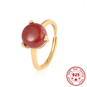 Bagues de cluster 925 Sterling Silver South Red Agate Egg Noodle Bague d'ouverture pour dames filles filles fête bijoux ami cadeau