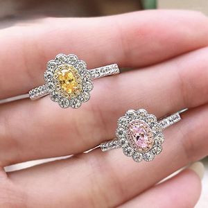 Cluster Anneaux 925 Silver Sterling Sparkling Yellow Pink Rose High Carbon Diamond For Women Wedding Party Fine Bijoux
