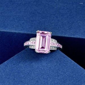 Cluster Ringen 925 Sterling Zilver Vierkant 5A Zirconia CZ Prinses Licht Roze Emerald Cut Ring Voor Vrouwen Fijne Sieraden