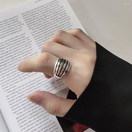 Cluster Rings 925 Sterling Silver Striped Ring Japanese Korean Design Index Finger Open Punk Wide Heavy Style Hip Hop Bijoux Pour Femmes