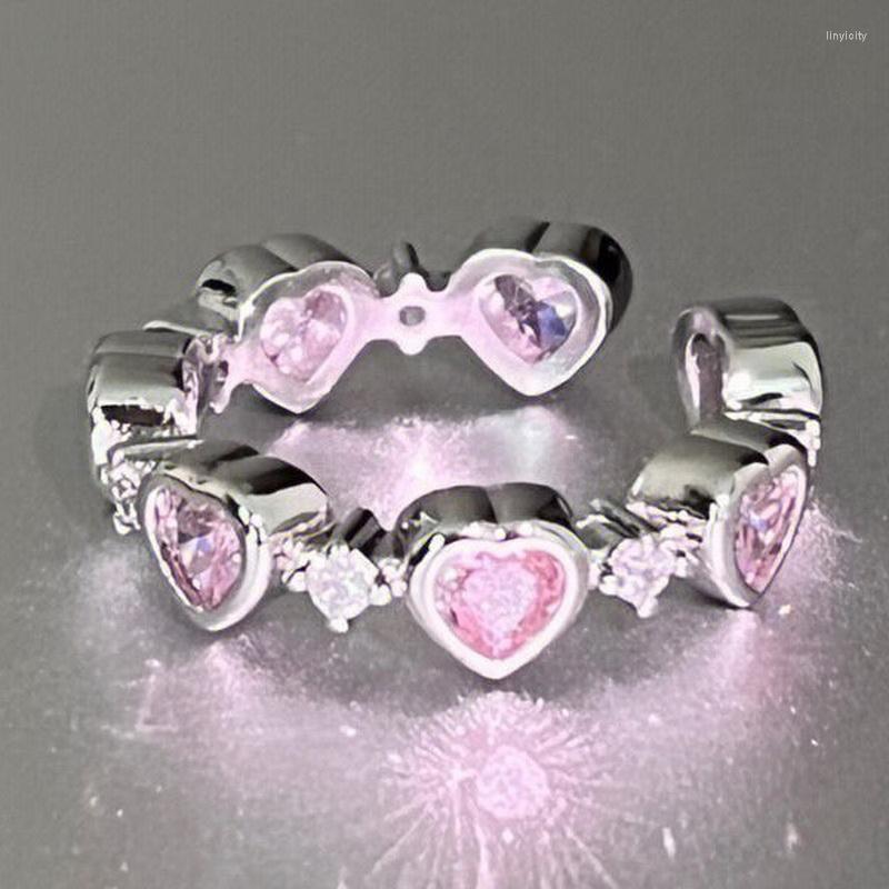Cluster Rings 925 Silver Sterling Ring Ring Pink Love com design de abertura feminina Sweet Cool Net Red Dedo indicador Ri