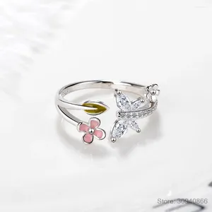 Clusterringen 925 Sterling zilveren zoete roze bloem openingsring zirkoon vlinder verstelbaar voor vrouwen romantisch verjaardagscadeau SCR1011-e