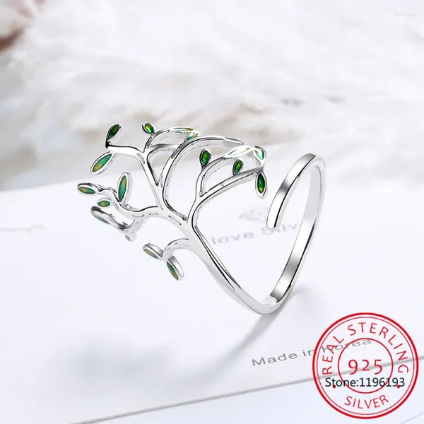 Bagues de cluster 925 Sterling Silver Arbre de vie Feuilles vertes Doigt réglable pour femmes Bijoux Cadeau de fête de mariage