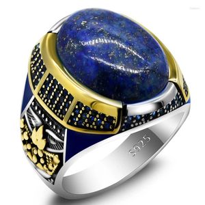 Bagues de cluster 925 Sterling Argent Turc Classique Rétro Bijoux En Laiton Bague Avec Naturel Lapis Lazuli Cadeaux D'anniversaire Pour Hommes Et Femmes