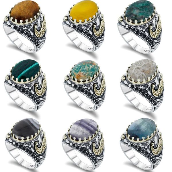 Cluster Rings 925 Sterling Silver Turquoise Agate Men's Ladies Ring Black Spinel Turkish Handmade Jewelry