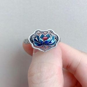 Cluster Anneaux 925 Sterling Silver Vintage Bleu Lotus Anneau Filigrane Artisanat Style Chinois Fleur Réglable Ouverture Bijoux Pour Femmes JZ121