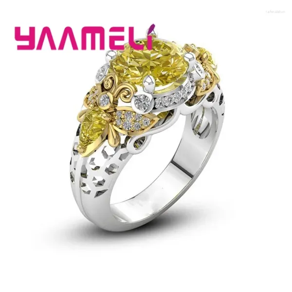 Cluster Anneaux 925 STERLING Silver Vintage Elegance Yellow CZ Anneau de fiançailles CZ pour femmes Accessoires de mariage