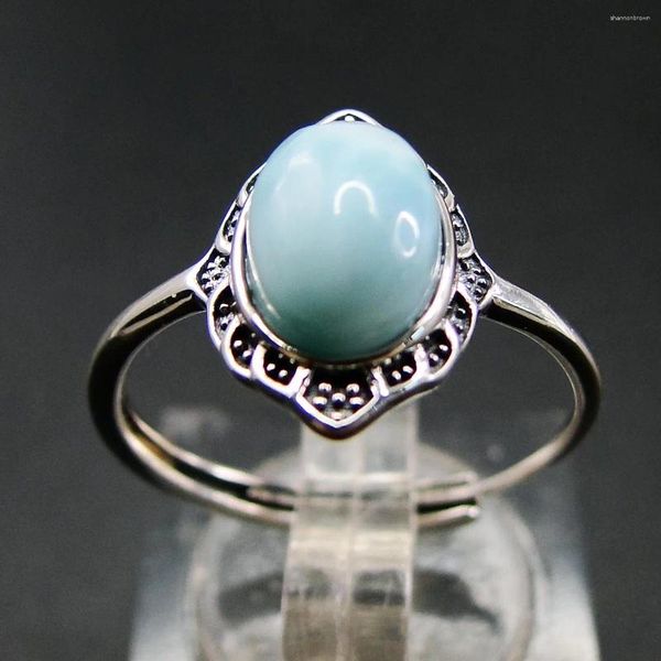 Bagues de cluster 925 Sterling Silver Vintage Elegance Taille réglable Bague Ovale 6x8mm Naturel Larimar Bijoux pour cadeau