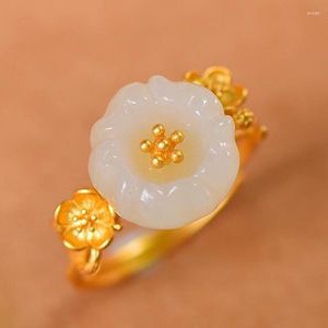 Cluster Rings 925 Sterling Silver White Jade Flower Ring Women Fine Jewelry Genuine Natural Hetian Jades Nephrite Golden Flowers