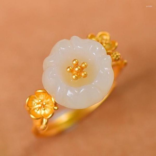 Anillos de racimo, anillo de flor de Jade blanco de Plata de Ley 925, joyería fina para mujer, Jades Hetian naturales genuinos, flores doradas de nefrita