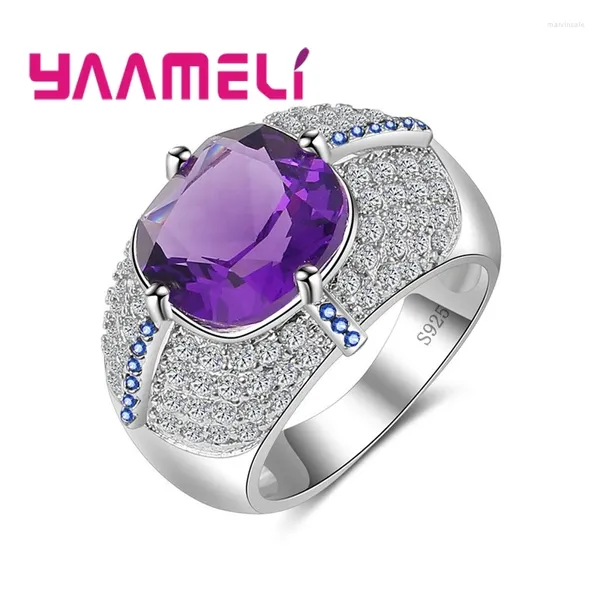 Anneaux de cluster 925 Anneau de visage large en argent sterling orné de gros cadeau d'anniversaire de zircone cubique en cristal en zircone cubique violet