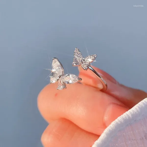 Cluster Anneaux 925 Silver Silver Women Summer Trendy Élégant charmant Sparkling Butterfly Zircon Bride Jewelry Ring