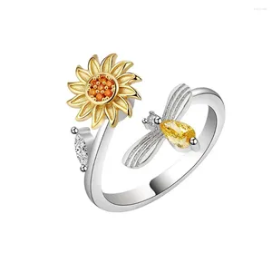 Cluster Ringen 925 Sterling Zilver Vrouwen Zonnebloem Roterende Met Diamanten Bee Mode Anti-Druk Verlichten Angst