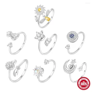 Cluster anneaux 925 Sterling Silver Zirconia Flower Star Moon Rotation ouverte Banquet de mariage Créatif Bijoux de luxe